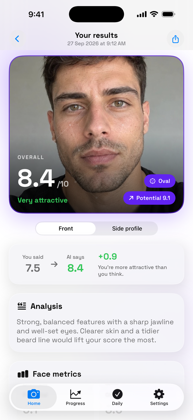 RateMyFace AI result screen showing an 8.4 out of 10 face score, very attractive label and potential score of 9.1