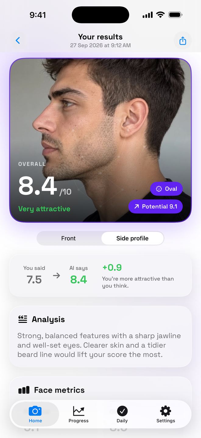 Side profile rating view with the profile photo and overall score