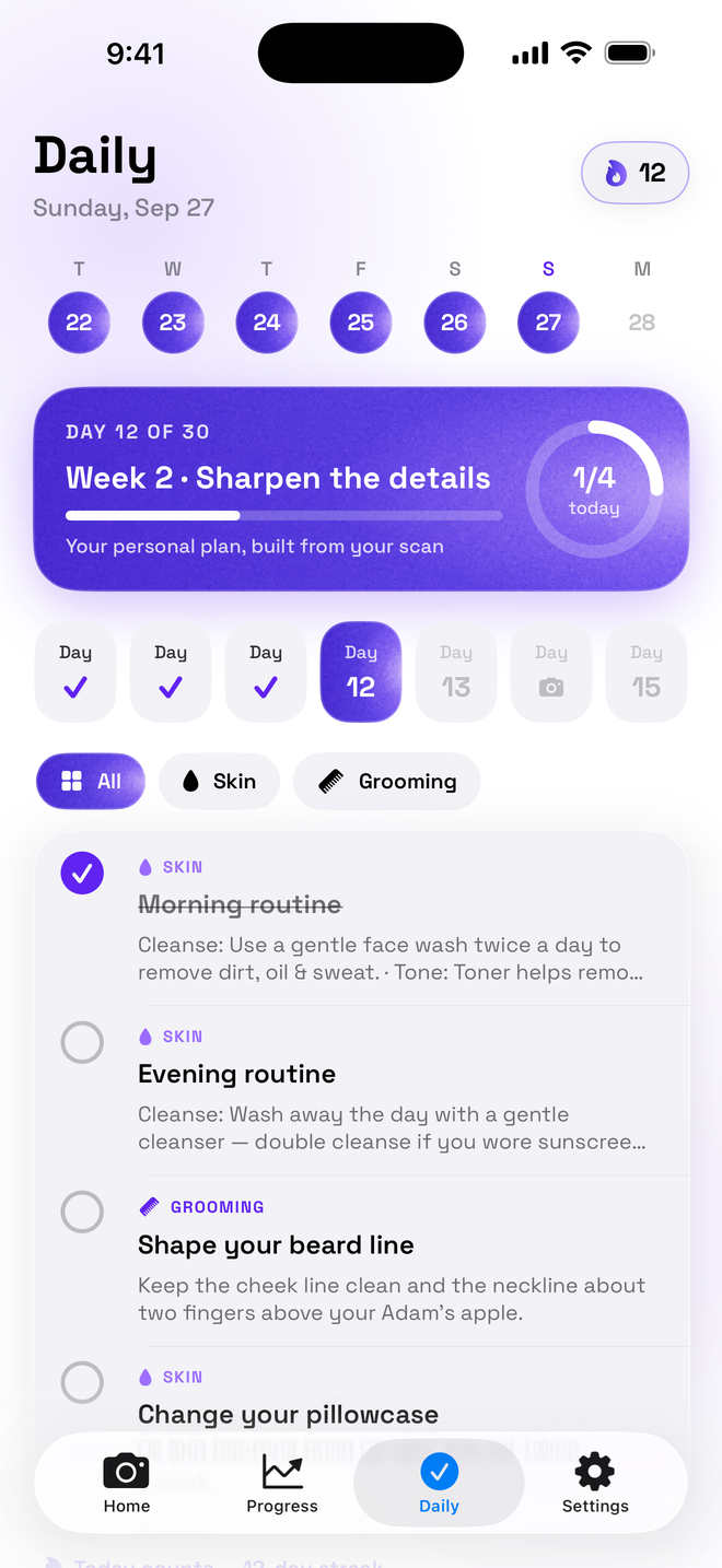 30-day glow-up plan on day 12 with daily skin and grooming tasks