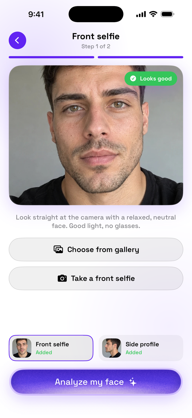 Two-photo face scan with a front selfie and a side profile